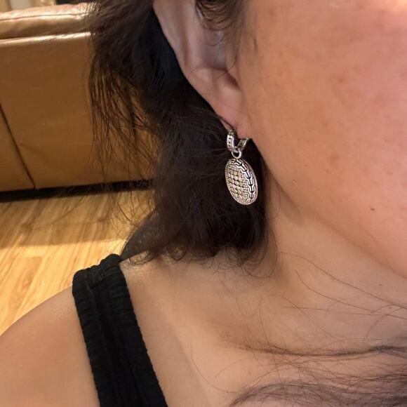 Silver Two-Tone Textured Drop Earrings Artisan Design 0.7" Round Fashion Jewelry - Picture 5 of 5